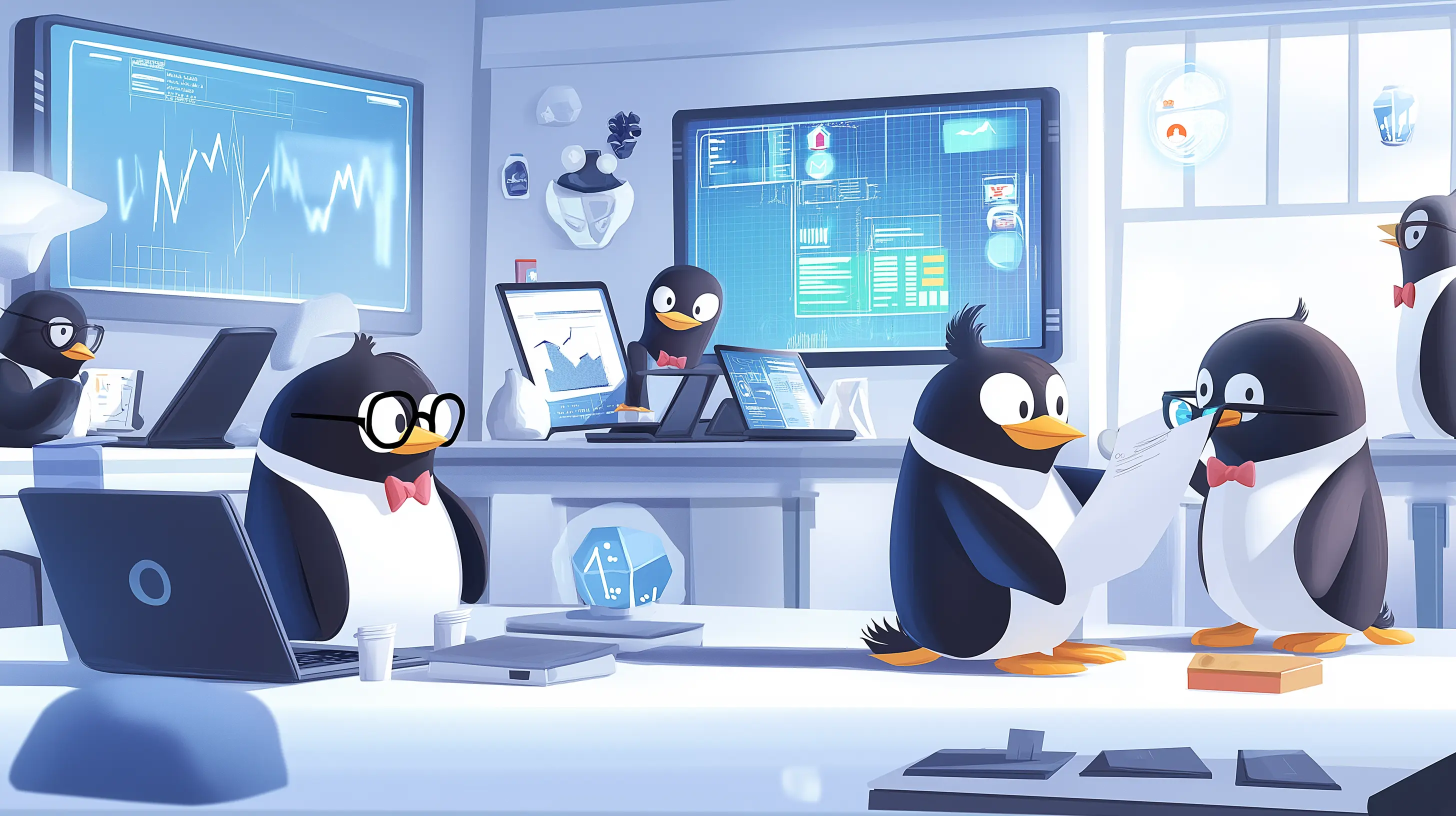 Group of penguins working together in an office