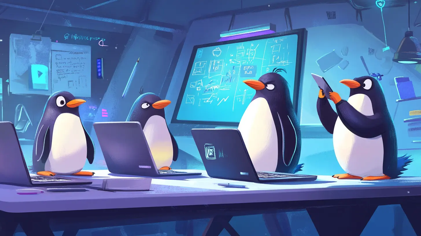 Group of penguins working together to create Alertu